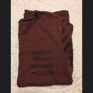 Distressed Striped Burgundy Pocket Helix Vneck Tee